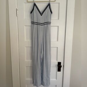 Japna Wide Leg Jumpsuit Navy Blue Stripe Embroidered Smocked Sleeveless Size M